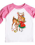 Vintage Little Girl and Reindeer Raglan