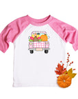 Girls Pink Plaid Vintage Truck Thanksgiving Raglan