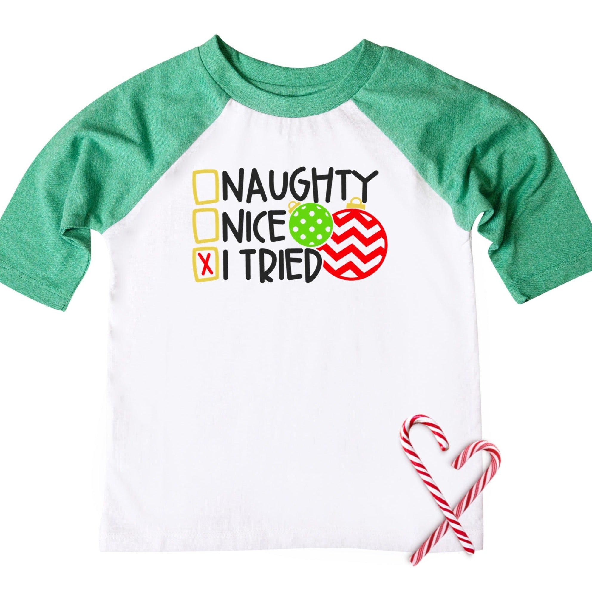 Naughty, Nice, I Tried Kids Funny Christmas Raglan