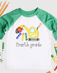 Children's t-shirt with 'fourth grade' design on a white background with school supplies.