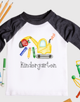 Children's t-shirt with 'Kindergarten' design on a white background with educational items.