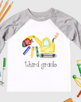 Children's t-shirt with third-grade design featuring an apple and construction-themed elements on a white background.