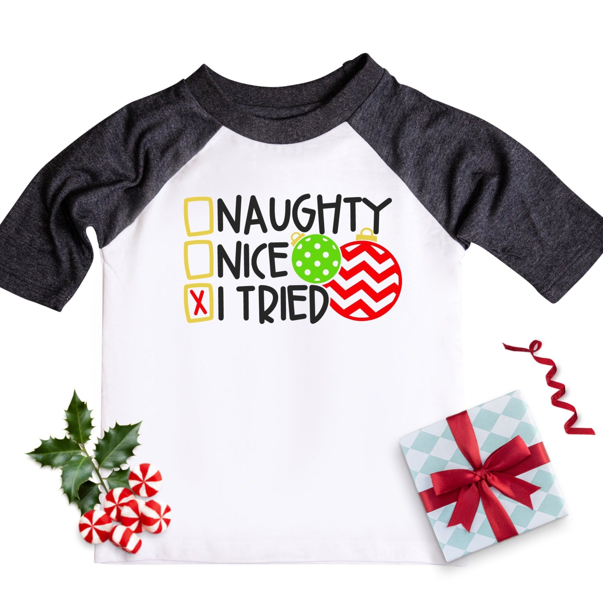 Naughty, Nice, I Tried Kids Funny Christmas Raglan