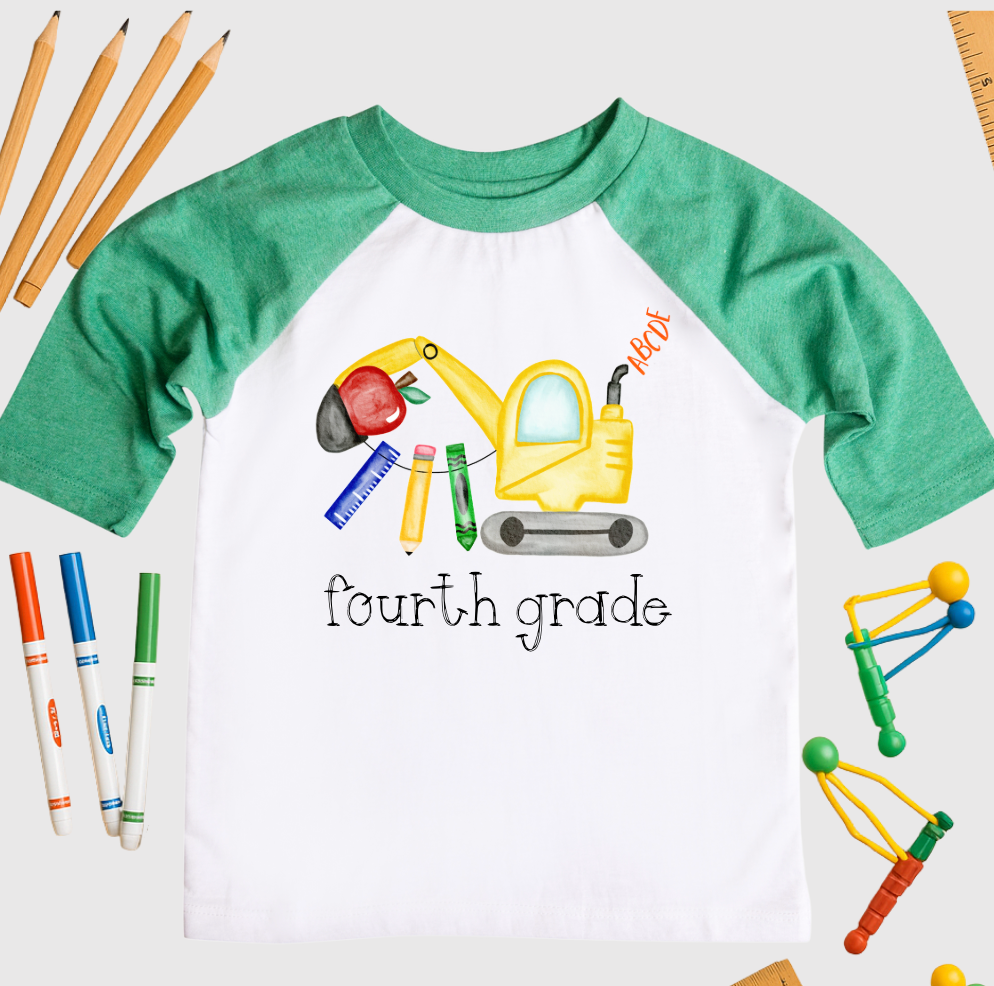 Children's t-shirt with 'fourth grade' design on a white background with school supplies.
